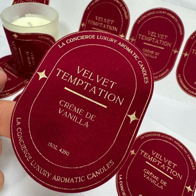 Eco Friendly Disesuaikan Cetak Logo Velvet Embossed Gold Label Lilin Sticker untuk Lilin Jar
